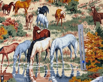 May include: A beige fabric with a repeating pattern of horses in a field. The horses are brown, white, black, and gray. There are trees and bushes in the background. The fabric has a rustic, country feel.