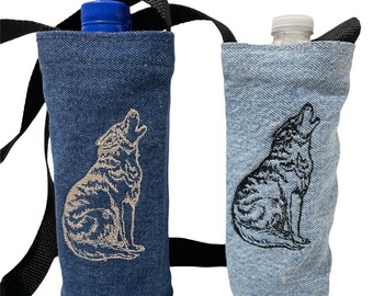 Water bottle holder cross body bag Wolf water bottle beverage drink carrier holder recycled denim bag handmade gift