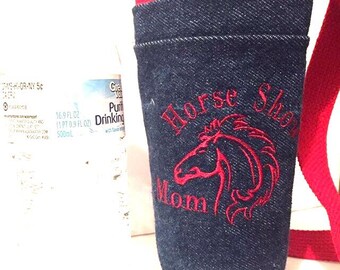 Water bottle carrier Embroidered Horse Recycled Denim "Horse Show Mom"