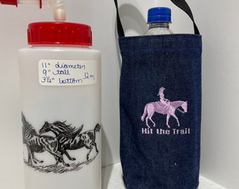 Water Bottle Holder - Equestrian Saddle Bag embroidered horse recycled denim