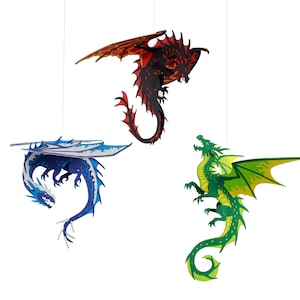 Draghi di carta elementali volanti per la decorazione della casa, decorazione per feste fantasy - Modelli di stencil fai da te - Digitale