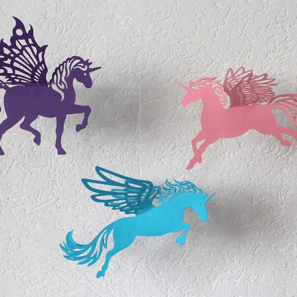Flying Unicorn DIY templates - 3 patterns - Digital files - flying pegasus, Fantasy horses, paper home decoration SVG