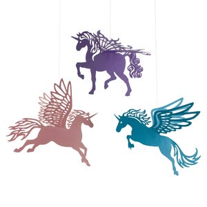 Plantillas de patrones DIY para colgantes de unicornio de papel volador, Pegaso, decoración de fantasía, caballos mágicos, archivos digitales SVG