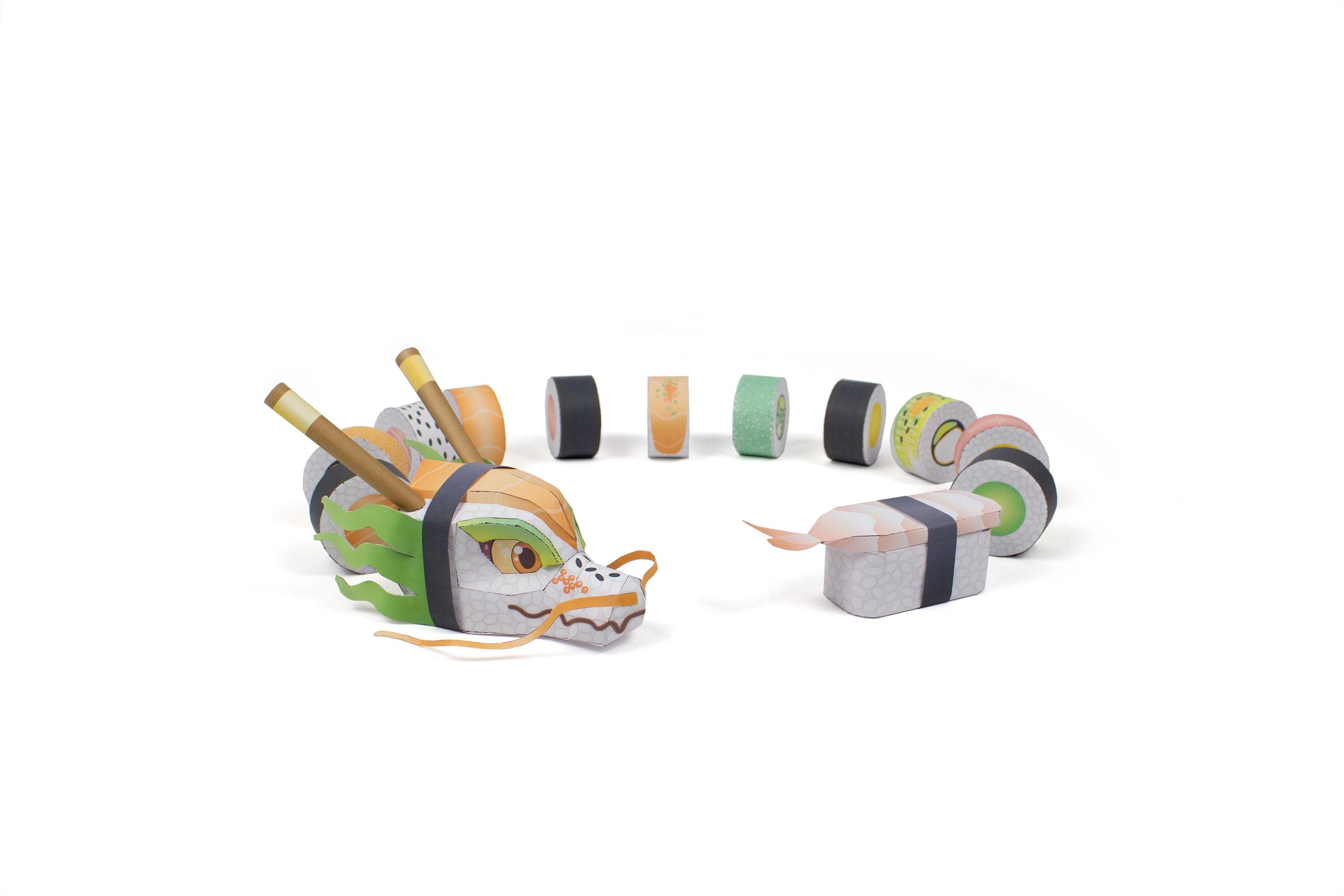 Sushi Dragon Papercraft patronen: DIY kawaii decoratie voor thuis, restaurant & feest, printbaar sjabloon knutselen met kinderen, 2 groottes