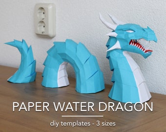 Water Dragon Papercraft - 3 sizes - Sea Serpent sculpture, Low Poly Fantasy decoration, DIY PDF PDO pattern, Pepakura