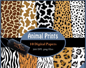 ANIMAL PRINTS Digital Papers, Background Printables, Instant Download, Zebra, Tiger, Leopard, Cow, Giraffe, Commercial Use, Scrapbook, Print