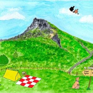 May include: A watercolour painting of a campsite with a yellow tent, a red and white checked picnic blanket, and a dog sitting next to a signpost. The signpost has two signs pointing in different directions, one says "Great Ayton" and the other says "Guisborough". The signpost also has a smaller sign that says "Raspberry Topping". In the background, there is a mountain and a bird flying in the sky.