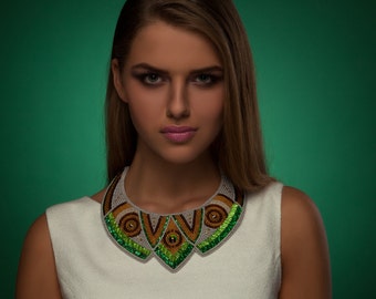 Bead Embroidery Statement Necklace, Swarovski Rivoli, Czech Glass
