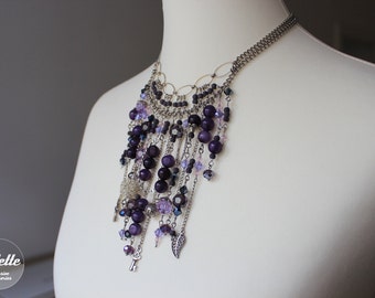 Purple Bead Bib Necklace, Natural Stone Statement Jewelry