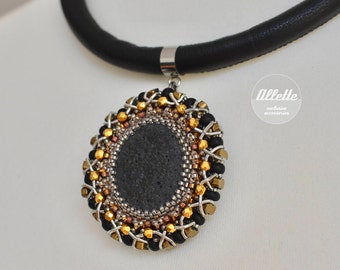 Volcanic pendant "Teide" - lava pendant, unique jewellery, one a kind necklace, bead embroidery, bead weaving, beadwork jewellery, beadwork