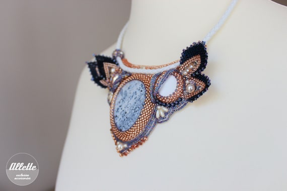 Bead Embroidery Necklace, Swarovski Pearls, Lazurite Cabochon