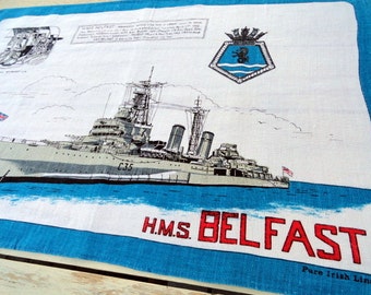 HMS Belfast Irish Linen Towel Tea Towels Kitchen Towel New Old Stock Souvenir Vintage Kitchen dish cloth retro towel kitchen towel