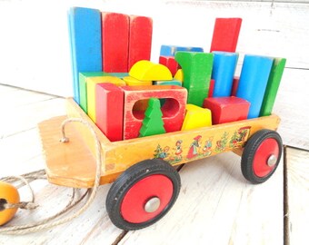 Heros Wooden Wagon & Blocks Pull-along Wagon Wooden Blocks Fairy Tale Decals Building Blocks Pull Toy Pull Along Blocks Cart Stacking Blocks