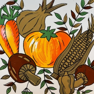 Vintage Cast Iron Trivet Tile Mushroom Pumpkin Corn