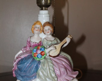 Vintage Ceramic Lamp Young Victorian Women gold white base figural boudoir light good working order pink green blue dresses  guitar flowers