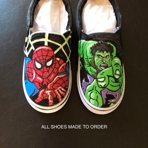 Hand painted shoes inspired by Hulk / Spiderman. Made to order in kids, men&#39;s and women&#39;s sizes.