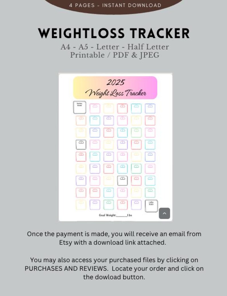 52 Week Weight Loss Tracker: Printable PDF Journal (a4/a5/letter/half ...