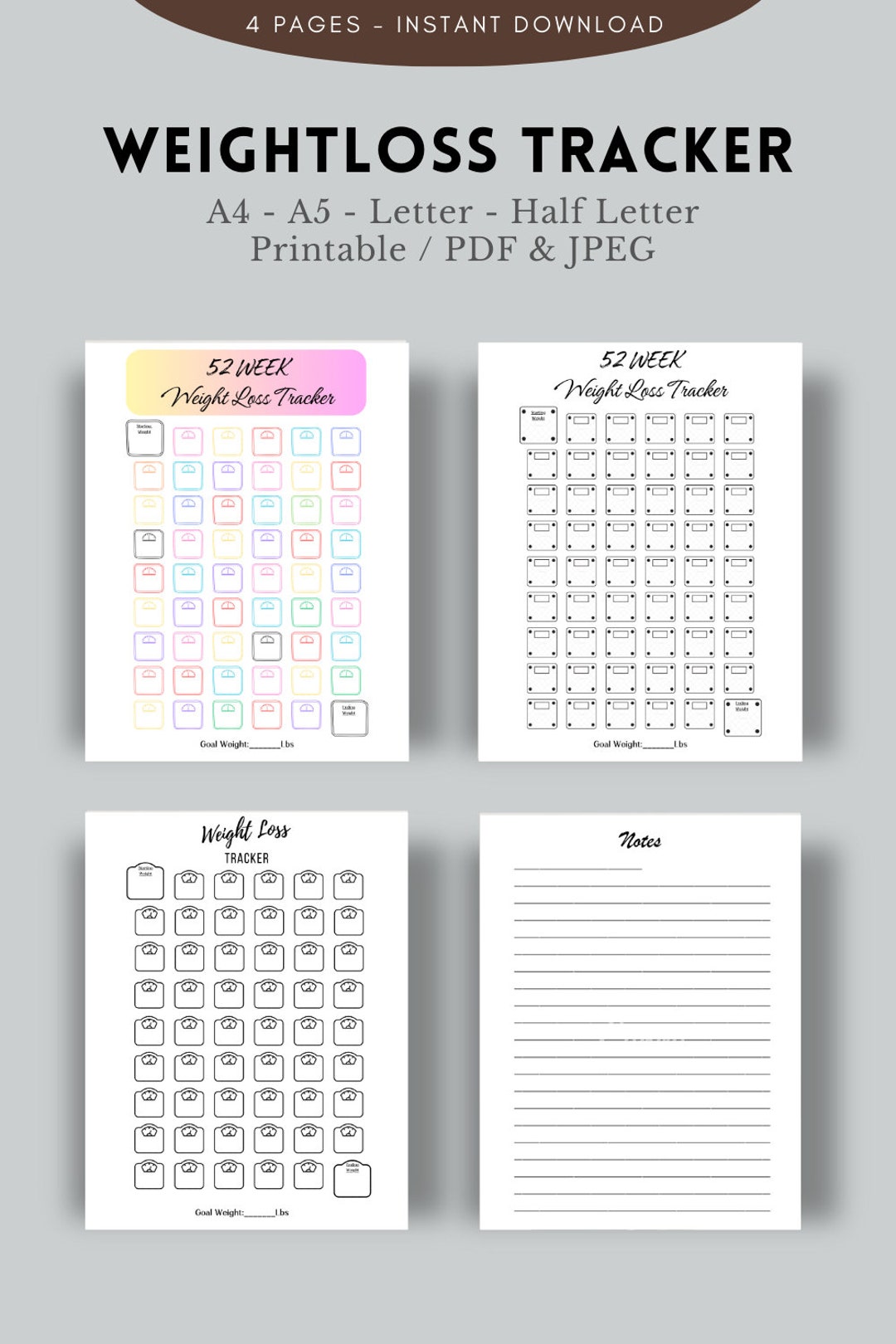 52 Week Weight Loss Tracker, Journal: Weekly Trackers and Note Page ...