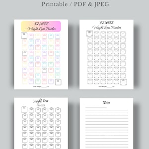 Op de afbeelding: Een printbare gewichtsverlies-tracker met vier pagina's. De eerste twee pagina's bevatten een 52-weken gewichtsverlies-tracker met een raster van weegschalen om het gewicht te registreren. De derde pagina heeft een kleinere gewichtsverlies-tracker met een raster van weegschalen. De vierde pagina is een blanco notitiepagina met gestreept papier.