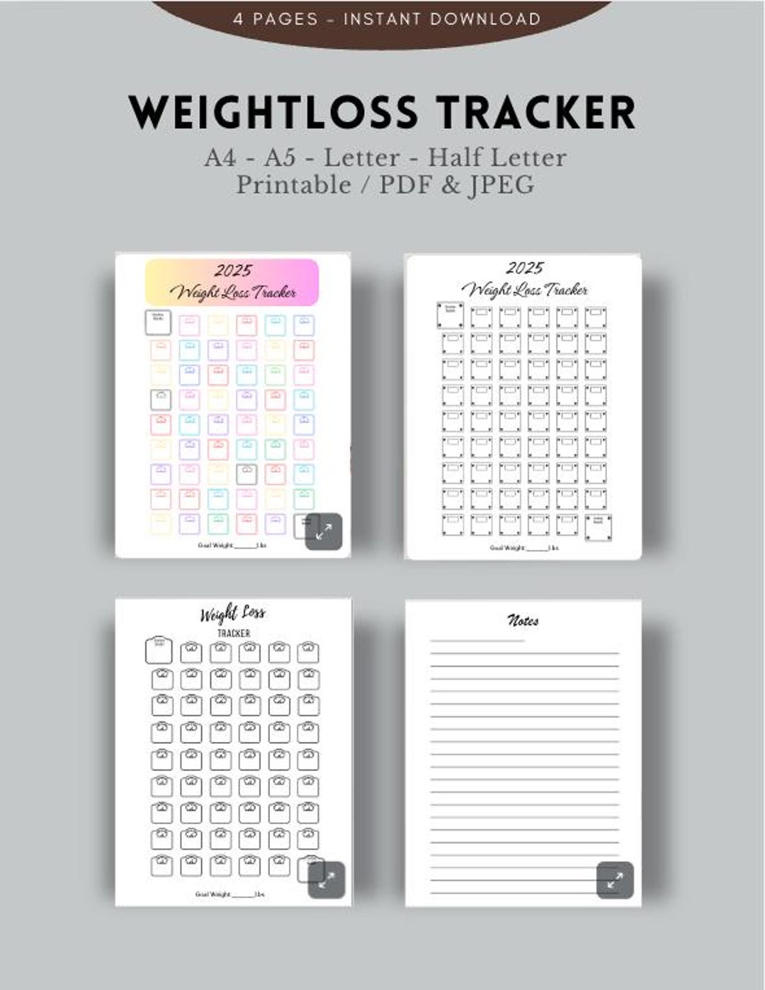 52 Week Weight Loss Tracker: Printable PDF Journal (a4/a5/letter/half ...
