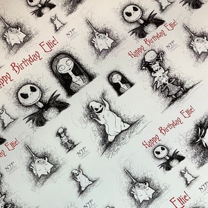 May include: White wrapping paper with a black and white repeating pattern of characters from the movie The Nightmare Before Christmas. The text "Happy Birthday Ellie!" is repeated throughout the pattern in red.