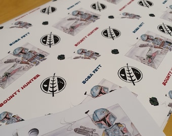 Boba Fett Star Wars Mandalorian personalised Wrapping paper, gift wrap with tags from hand drawn artwork with ribbon