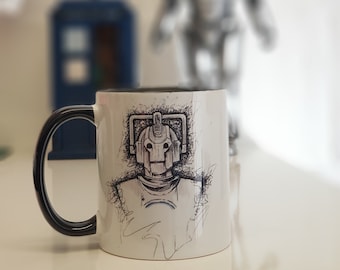 Cyberman mug from hand drawn artwork. An alternative gift for the Dr Who fan who has everything