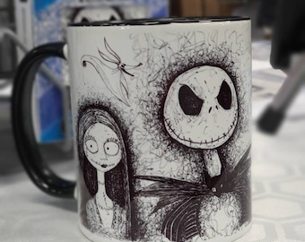 Nightmare Before Christmas mug of hand drawn Jack, Sally, Oogie Boogie, Lock, Shock and Barrell