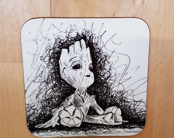 Groot coaster beer mat featuring Groot from Guardians of the galaxy original hand drawn artwork