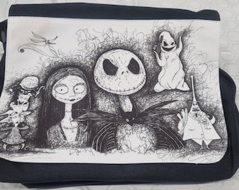 Nightmare Before Christmas Messenger bag. TNBC book bag. Jack Skellington, Sally, Oogie Boogie from hand drawn originals