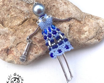 Blue beaded french doll necklace with microphone