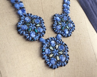 Blue beaded statement floral necklace