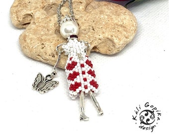 White beaded French doll pendant with hearts