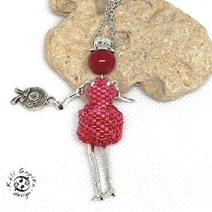 Red Beaded French Doll Pendant Necklace: Miyuki Delica Beads, Hat Charm