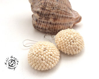 Beige Bead crochet circle Dome earrings