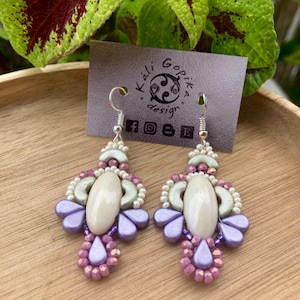 Floral Beaded Earrings: Purple Beige Glass Beads, Handmade Design