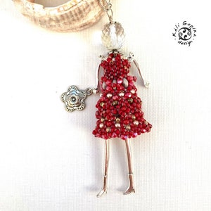Red Beaded french Doll necklace with flower