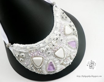 White Statement Bead Embroidery Necklace