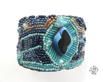 Blue bead Embroidery Cuff Bracelet with old button