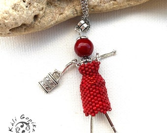 Red Beaded  french Doll necklce with a bag