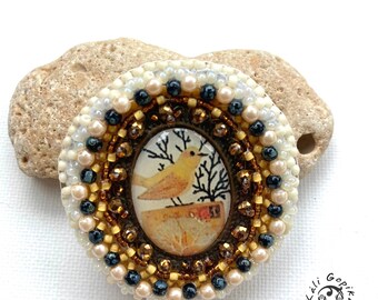 ビーズ刺繍の鳥の絵のブローチ - ヴィンテージスタイル