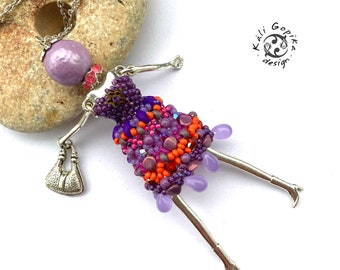 Colorful beaded French doll pendant with bag