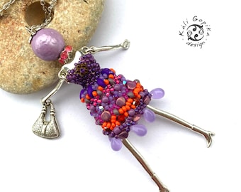 Colorful beaded French doll pendant necklace with bag - elegant jewelry
