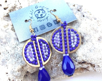 Purple Beaded  long geometrical earrings with drop