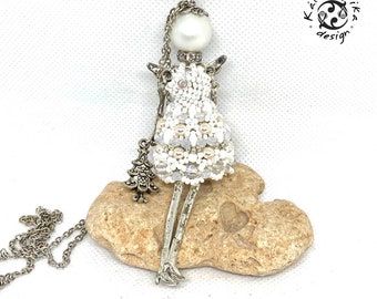 White beaded French doll angel pendant