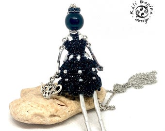 Black and silver elegant beaded French doll necklace with tee pottery charm -Uniquely design