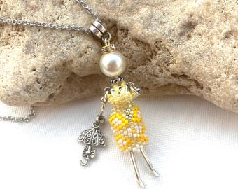 Handmade Beaded French Doll Necklace: Umbrella Charm Pendant