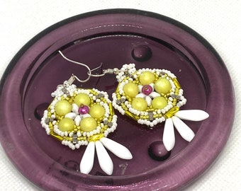 White and yellow floral statement beaded earrings
