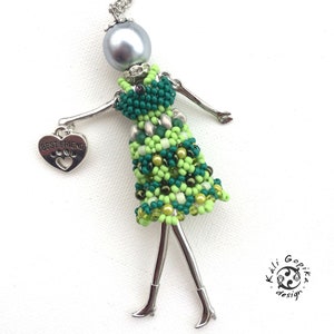 Green Beaded french Doll pendant with Heart