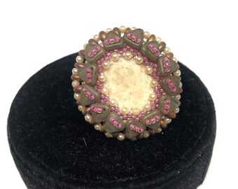 Beige beaded statement stone ring